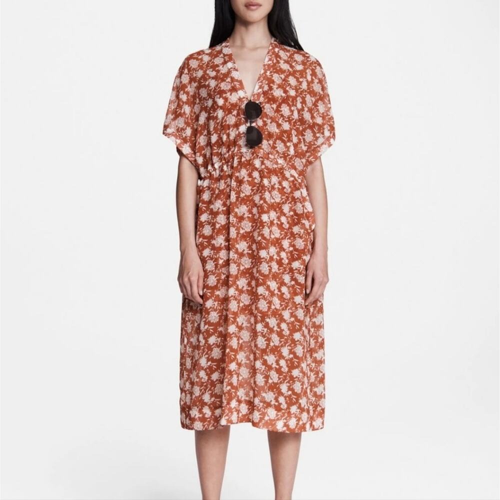 Rag & Bone Elysse Sheer Floral Midi Chiffon Dress Orange Boho Resort Wear XS - Picture 1 of 13